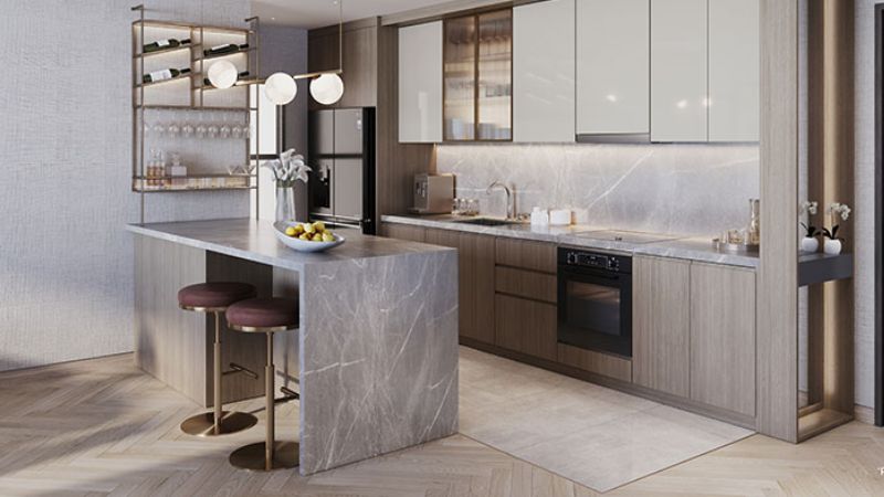 Phối cảnh khu vực bếp hiện đại của căn hộ studio Vinhomes Ocean Park 2