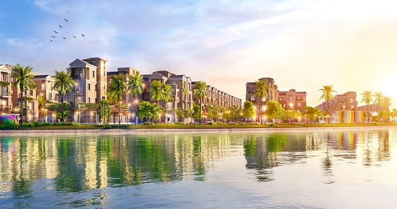 Biệt thự liền kề Đảo Dừa sở hữu không gian sinh thái xanh mát với hệ cây xanh và mặt nước rộng lớn.